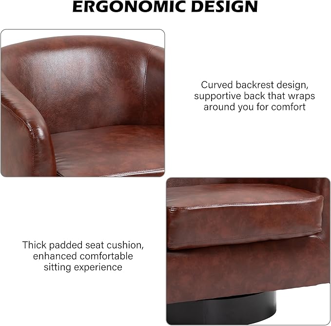 Swivel Barrel Accent Chair, Modern Round Faux Leather Arm Chair for Living Room, Bedroom, Comfy Club Reading Chairs for Adults(Faux Leather, Red Brown, Set of 2)-Ruum Studio Home