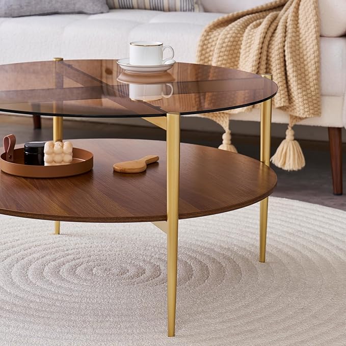 Round Coffee Table, Mid-Century Modern Design, D30 x H17, for Living Room, 2-Tier Structure, Amber Glass Top and Walnut MDF Shelf, Sleek Conical Metal Legs with Gold Finish-Ruum Studio Home