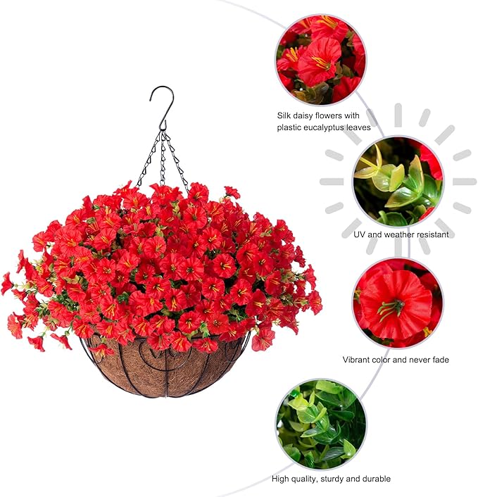 Ivydale Artificial Faux Hanging Flowers Plants Baskets for Outdoors Outside Spring Decoration, Fake Silk Red Morning Glory UV Resistant Look Real for Front Door Porch Patio Balcony Yard Garden Home-Ruum Studio Home