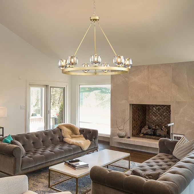 Gold Wagon Wheel Chandelier, 36 Inch Brass Chandeliers with Unique Glass Shade, 9-Light Crystal Farmhouse Wagon Wheel Chandeliers for Dining Room, Round Chandelier for Living Room, Foyer, Entryway-Ruum Studio Home