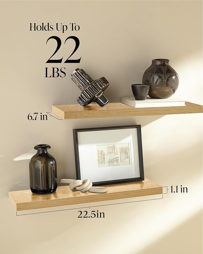 BAYKA Floating Shelves, 22.5" Wall Mounted Wood Shelves for Bathroom, Bedroom, Living Room, Kitchen, Hanging Shelf for Books/Storage/Decor (Oak-Toned,Set of 2)-Ruum Studio Home