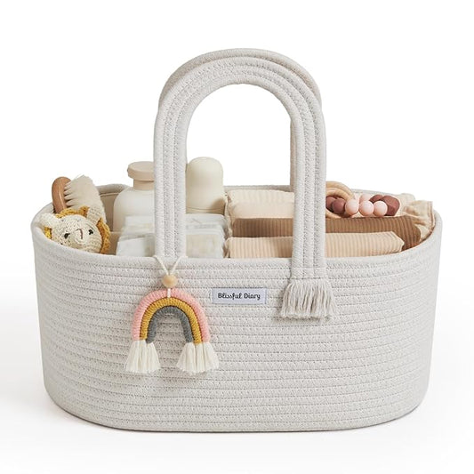 Blissful Diary Baby Diaper Caddy Organizer, Cotton Rope Diaper Caddy Basket, Oval Storage Basket, Gift for Baby Shower, Newborn Essentials, Beige-Ruum Studio Home