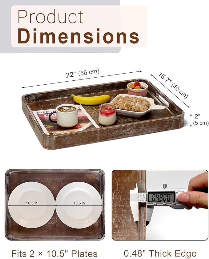 22 Inch Rustic Wood Serving Tray with Handles, Large Rectangular Wooden Ottoman Tray, Beautiful Home Décor for Living Room Coffee Table Couch, Ideal for Serving Food Breakfast BBQ Parties-Ruum Studio Home