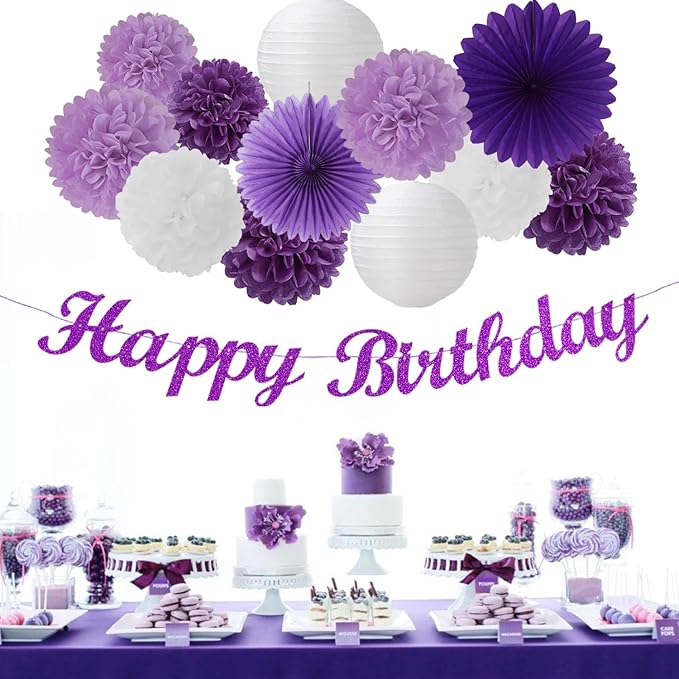 Purple White Birthday Party-Decorations Paper-Flowers - 14pcs Happy Banner Lavender Lanterns Tissue Pom Poms,Lilac Streamers Garland Fans,Women Girls Adult Kids Office Hanging Supplies Decor Hugfond-Ruum Studio Home