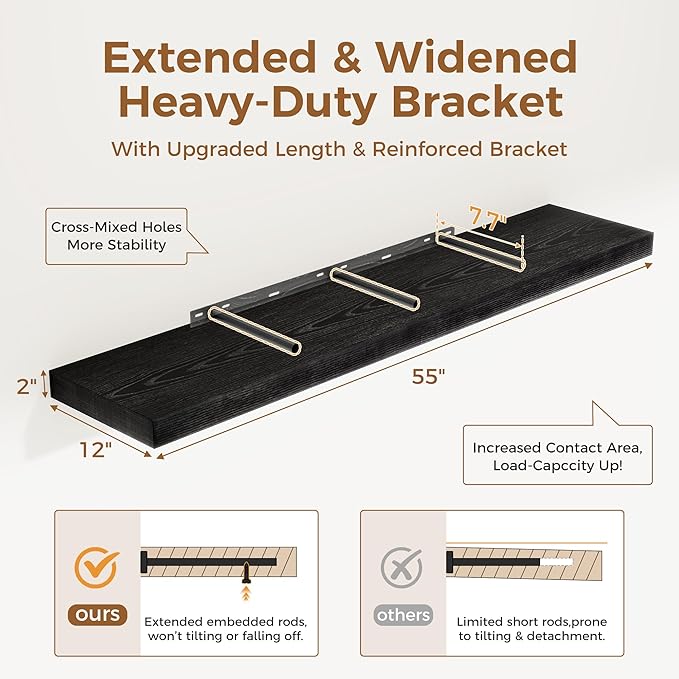 Black Floating Shelves 55 Inch Long, 12 Inch Deep Floating Shelves for Wall, 55 x 9 Large Floating Shelf for Fireplace Mantel, 2" Thicked Wall Shelves for Living Room, Bedroom Storage, 1 Pack-Ruum Studio Home