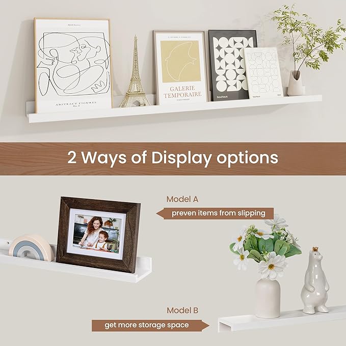 Picture Ledge Shelf, Solid Pine Wood Floating Shelves Set of 2, 36 Inches Nursery Book Shelves for Toys Storage, Kids Bookshelf Wall Mounted for Living Room Bedroom Decor Books Photo Frames, White-Ruum Studio Home