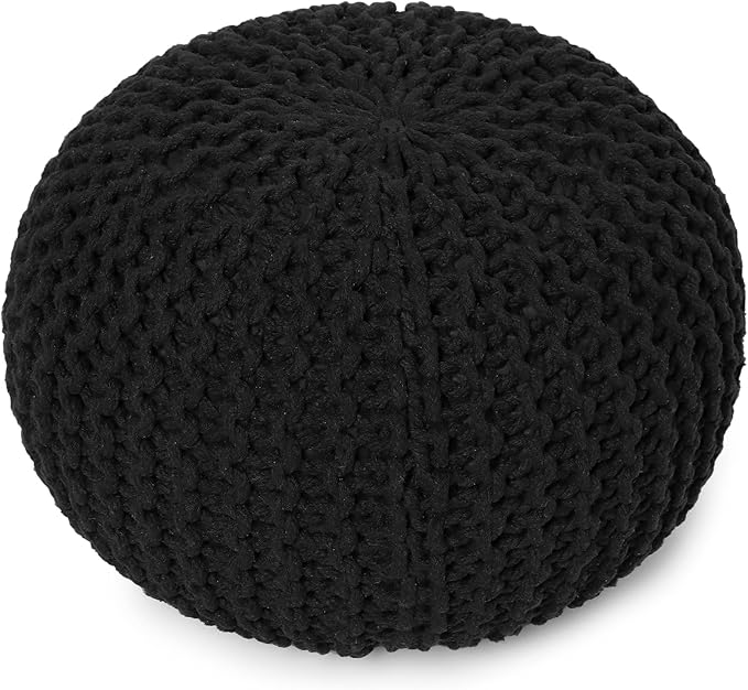 REDEARTH Round Pouf Foot Stool Ottoman - Hand Knitted Bean Bag - Cord Boho Pouffe - Cable Poof Footrest for Living Room - Nursery - Bedroom - Patio - 100% Cotton - Home Decor (19.5"x19.5"x14") - Black-Ruum Studio Home