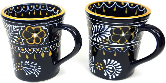 Encantada Handmade Hand-Painted Authentic Mexican Pottery Mugs (2-Pack, Blue Helecho)-Ruum Studio Home