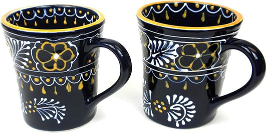 Encantada Handmade Hand-Painted Authentic Mexican Pottery Mugs (2-Pack, Blue Helecho)-Ruum Studio Home