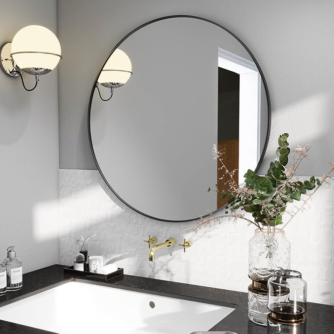 BEAUTYPEAK 24 Inch Round Mirror, Metal Frame Circle Mirror, Wall Mounted for Entryway, Bathroom, Vanity, Living Room, Black-Ruum Studio Home