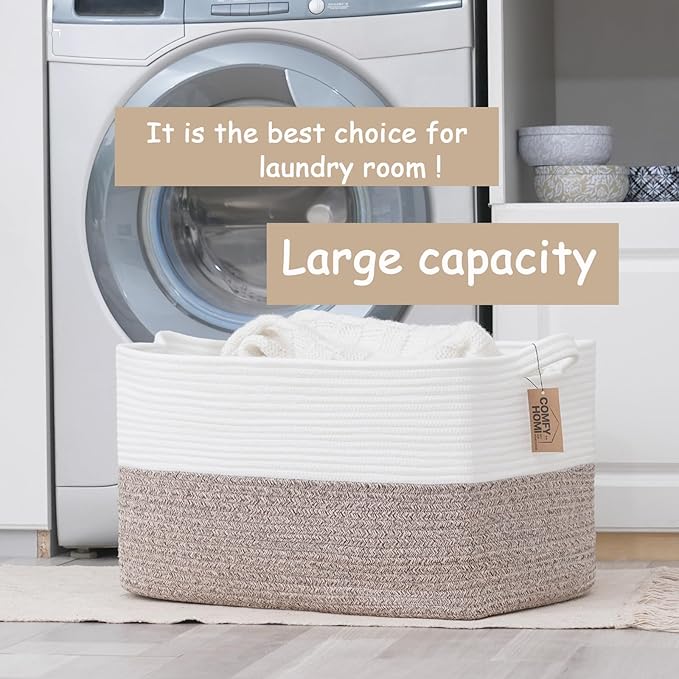 COMFY-HOMI Large Laundry for Organizing|Rectangle Cotton Rope Storage with Handles|Blanket for Living Room|Woven Laundry for Towels, Toys, Clothes-22x15x12”-White/Brown-Ruum Studio Home