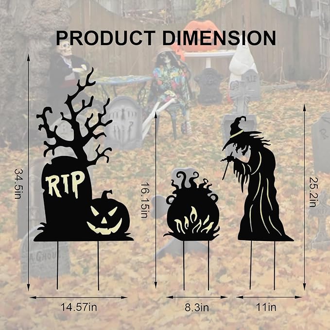 Halloween Yard Signs Outdoor Decorations，3 Pack Scary Large Witch Tombstone Cauldron Fluorescent Metal Stakes Glow in The Dark for Lawn Garden Halloween Decor (Large Witch Tombstone Cauldron)-Ruum Studio Home