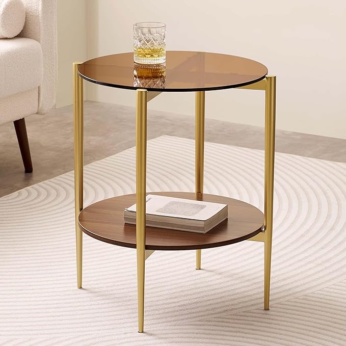 Round Glass End Table, Mid-Century Modern Design Sofa Table for Living Room, D18 x H23, 2-Tier Structure, Amber Glass Top and Walnut Shelf, Sleek Conical Legs with Gold Finish Frame-Ruum Studio Home