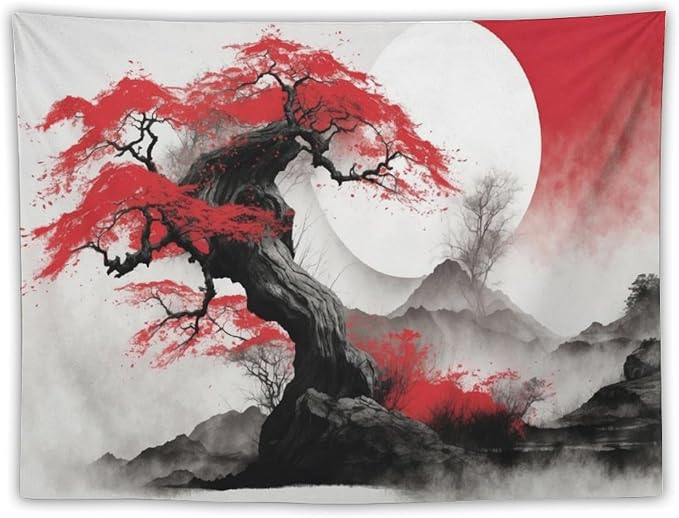 Cherry Blossoms Tapestry,Japanese Red Landscape Asian Watercolor Abstract Art Tapestry,Japanese Wall Tapestry, Nature Landscape Tapestries for Bedroom Living Room Decor 80"x60"-Ruum Studio Home