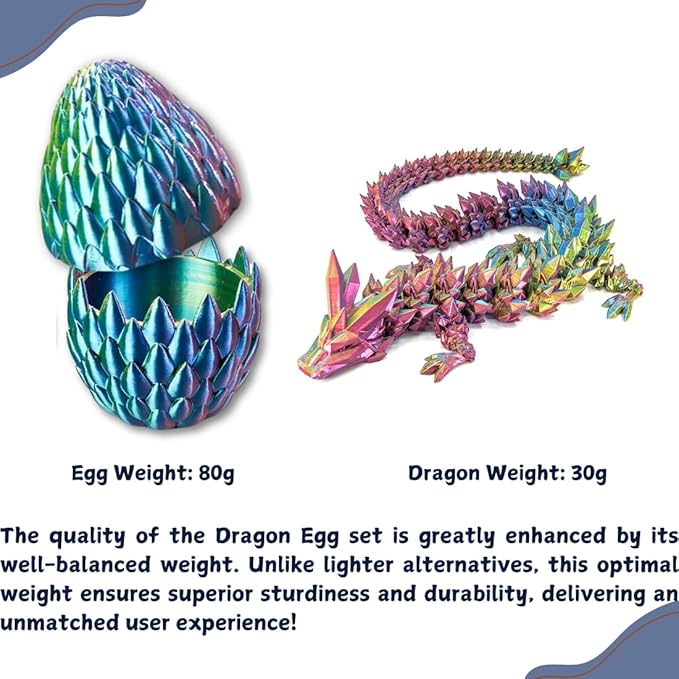 3D Printed 12” Articulated Crystal Dragon Inside 5.1” Egg – Fantasy Collectible, Fidget Toy & Stocking Easter Basket Stuffers for Home & Office Decor (Multicolor).-Ruum Studio Home