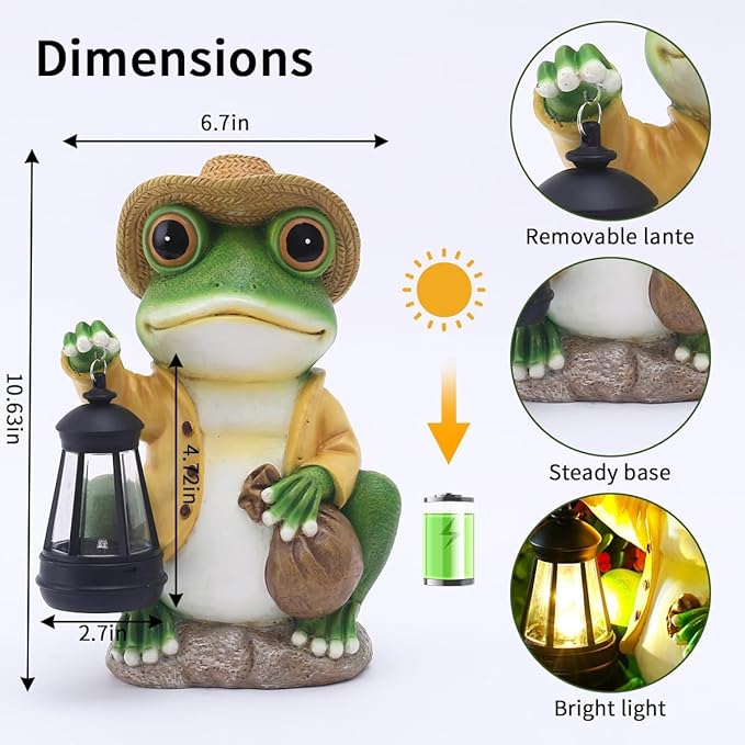 Solar Garden Outdoor Frog Statue 10 inches Tall - with Handheld Lanterns - Detachable - Patio, Balcony, Shelf, Tabletop, Lawn Decoration - Unique Housewarming, Birthday, Thanksgiving, Mom Gifts-Ruum Studio Home