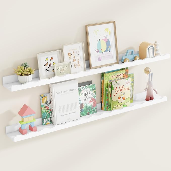 Fun Memories Picture Ledge Shelf for Wall, 48 inch Pine Wood Nursery Book Shelves Set of 2- Wall Book Shelves for Kids Room, Home Decor - Kitchen Spice-White-Ruum Studio Home