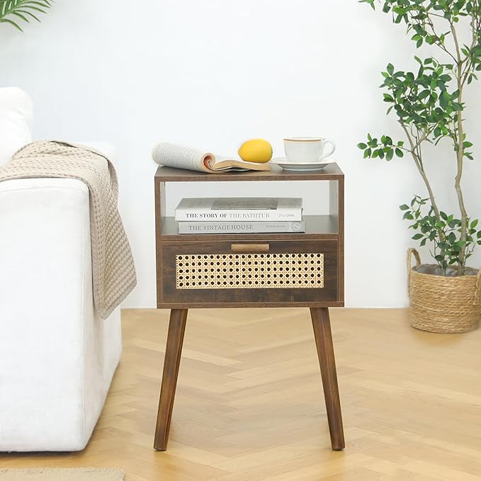MaxSmeo Mid Century Nightstand, Rattan Side Table with Drawer, Wood Modern Bedside Table for Bedroom, Living Room and Small Spaces (Rustic Brown)-Ruum Studio Home