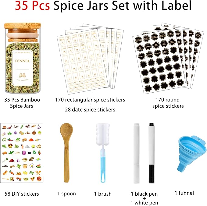 Spice Jars with Labels, 35 Pcs 4 oz Glass Spice Jars with Bamboo Lids, Minimalist Stackable Airtight Spice Containers with 426 labels for Home Kitchen, Pantry, Spice Cabinet, Drawer, Rack-Ruum Studio Home