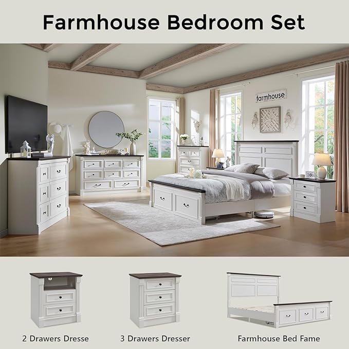 26" Tall Farmhouse Nightstand, 3 Drawers End Table w/Charging Station, 23.6" Wide Large Side Table w/Roman Column, Wood Rustic Sofa Table for Bedroom, White-Ruum Studio Home