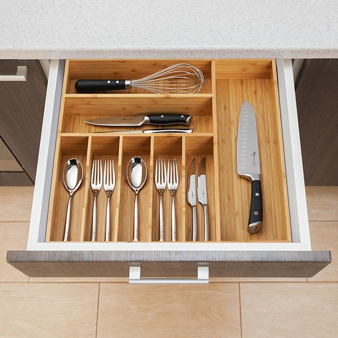 Umilife Large Kitchen Drawer Organizer, 19"x19" Silverware Utensils Organizer, 2.5" High for Large Deep Drawers, Bamboo Flatware Holder with Thick Frames, Sturdy Kitchen Organization Tray-Ruum Studio Home