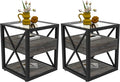 Farmhouse End Table Set of 2, Modern Side Table with Drawer&3-Tier Storage Shelf, Square Rustic Nightstand, Accent Tea Table, for Bedroom Office Living Room, Grey, Natural Wood, Glass, Metal-Ruum Studio Home