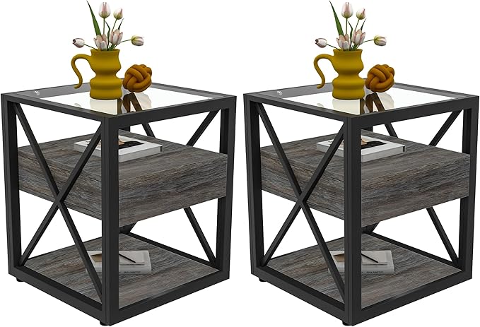 Farmhouse End Table Set of 2, Modern Side Table with Drawer&3-Tier Storage Shelf, Square Rustic Nightstand, Accent Tea Table, for Bedroom Office Living Room, Grey, Natural Wood, Glass, Metal-Ruum Studio Home