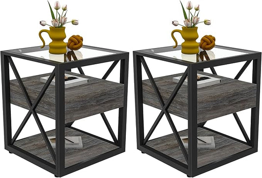 Farmhouse End Table Set of 2, Modern Side Table with Drawer&3-Tier Storage Shelf, Square Rustic Nightstand, Accent Tea Table, for Bedroom Office Living Room, Grey, Natural Wood, Glass, Metal-Ruum Studio Home