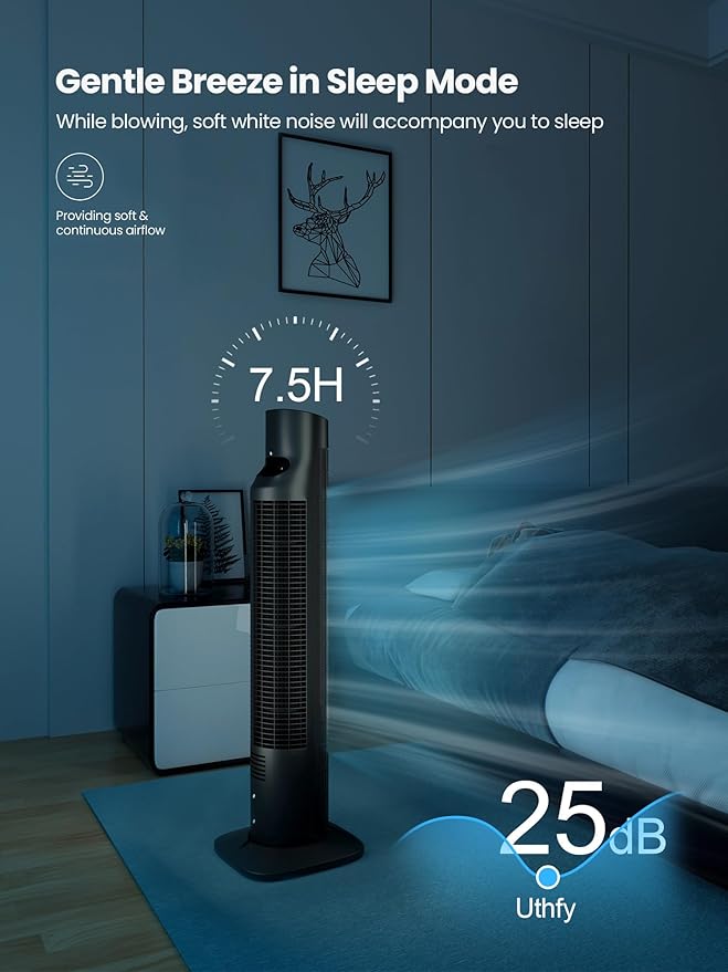 Uthfy 31 Inch Tower Fan for Bedroom, 120° Oscillating Quiet Standing Bladeless Fan With Remote, 7.5H Timer, 3 Speeds, 3 Modes, for Room, Dorm, Office, Black-Ruum Studio Home