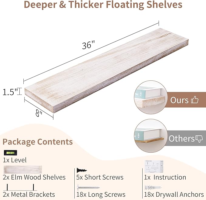 Axeman Floating Shelves for Wall, 8 Inch Deep Rustic Solid Elm Wood Wall Shelves for Storage, Wall Mounted Display Shelving with Invisible Heavy-Duty Metal Bracket, 36'' Width Set of 2, White Wash-Ruum Studio Home