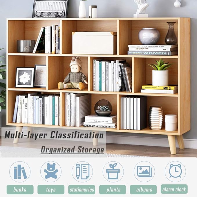 IOTXY Wooden Open Shelf Bookcase - 3-Tier Floor Standing Display Cabinet Rack with Legs, 10 Cubes Bookshelf, Pear Yellow-Ruum Studio Home