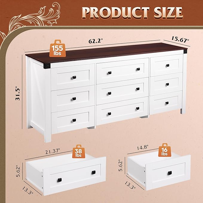 WLIVE Farmhouse Dresser for Bedroom, 63" Wide 9 Drawer Dresser Storage Organizer, Wood Chest of Drawers for Bedroom, TV Stand for 70 inch TV, for Living Room, Hallway, Ball Bearing Slide (White)-Ruum Studio Home