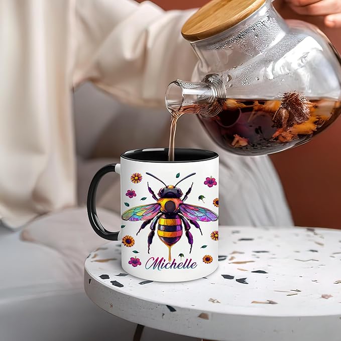 Hyturtle Personalized Colorful Bee Mug - Bee Keeper Gifts For Women Lovers Teacher - Honey Gifts For Beekeeper Farmer On Birthday - Queen Honeycomb Decor - Custom Coffee Cup Ceramic Mug 11 Oz 15 Oz-Ruum Studio Home