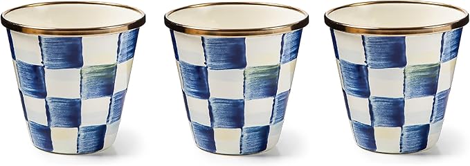 MACKENZIE-CHILDS Enamel Herb Pots, Small Plant Pots for Herbs or Flowers, Set of 3, Blue-and-White Royal Check-Ruum Studio Home