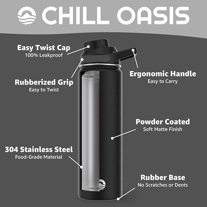 Chill Oasis Water Bottle | Compatible With Popular Flavor Cartridges | BPA Free, Leak Proof, Double-Walled Vacuum Insulated Stainless Steel, and Dishwasher Safe | Cold for 24 Hours (Black, 22oz)-Ruum Studio Home
