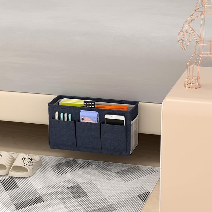 Dual-purpose Bedside Caddy Bedside Organizer, Bed Caddy with 6 Pockets, Versatile Bedside Storage Solution Magazine Remotes holder, ideal for Home, Dorm, Hospital, Crib Bed (Navy)-Ruum Studio Home