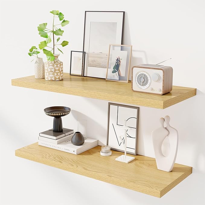 36" Floating Shelves for Wall, 12" Deep Slim Oak Floating Shelves, Wall-Mounted Shelves for Bedroom, Living Room, Kitchen, Bathroom - Set of 2-Ruum Studio Home
