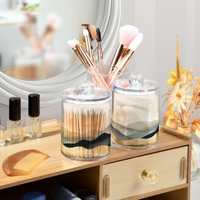 2 Pack Qtip Holder Organizer Dispenser Marble Mountain Bathroom Storage Canister Cotton Ball Holder Container for Cotton Pads/Swabs/Floss-Ruum Studio Home