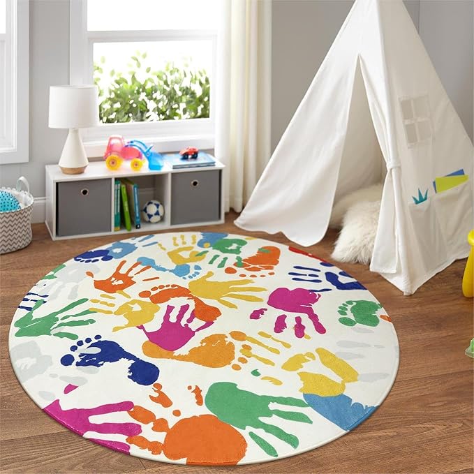 STARUIA Colorful Round Kids Rug 5 Ft, Machine Washable Rug for Playroom, Non-Slip Circle Rugs for Classroom, Soft Circular Carpet Handprints and Footprints Play Mat for Nursery Bedroom Preschool-Ruum Studio Home