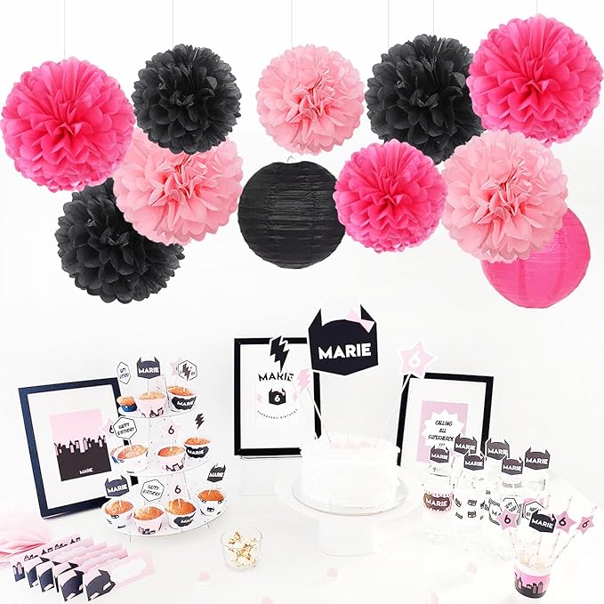 Hot-Pink Black Party-Decorations Paper Flowers Lanterns - 15PCS Graduation Birthday Tissue Pom Poms Streamers,Baby Girl Women Bachelorette Hanging Supplies Decor Hugfond-Ruum Studio Home
