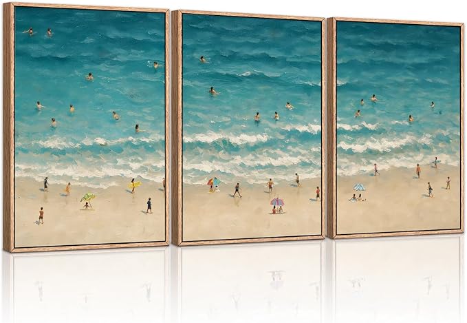 HLNIUC Summer Beach Canvas Wall Art,Modern Minimalist Coastal Landscape Wall Decor Set of 3(16”x24”) Blue Abstract Ocean Wall Painting, Summer Swimming in the Sea Art Print for Living Room,Bathroom-Ruum Studio Home