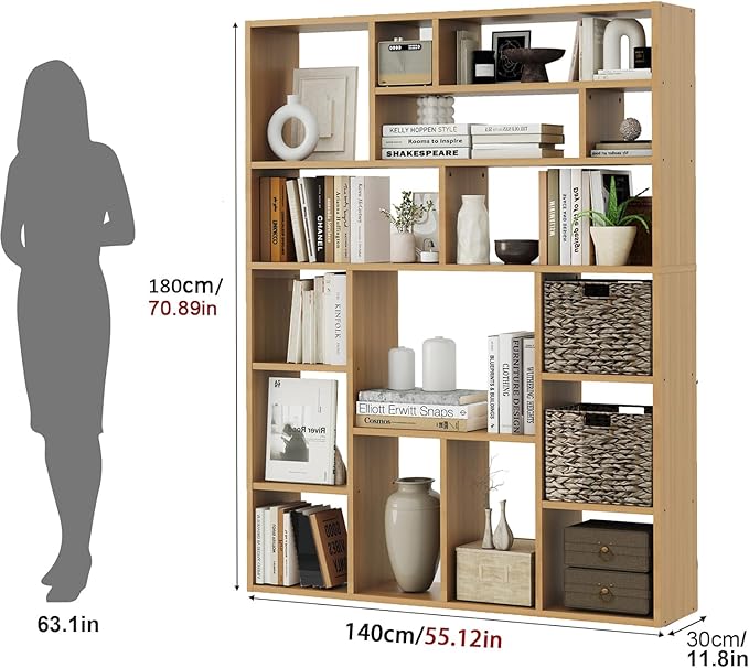 71" Tall 6-Tier Heavy Duty Bookcase with 2 Foldable Storage Baskets, 55" Wide Open Bookshelf with 16 Irregular Cubes for Living Room, Office （Yellow）-Ruum Studio Home