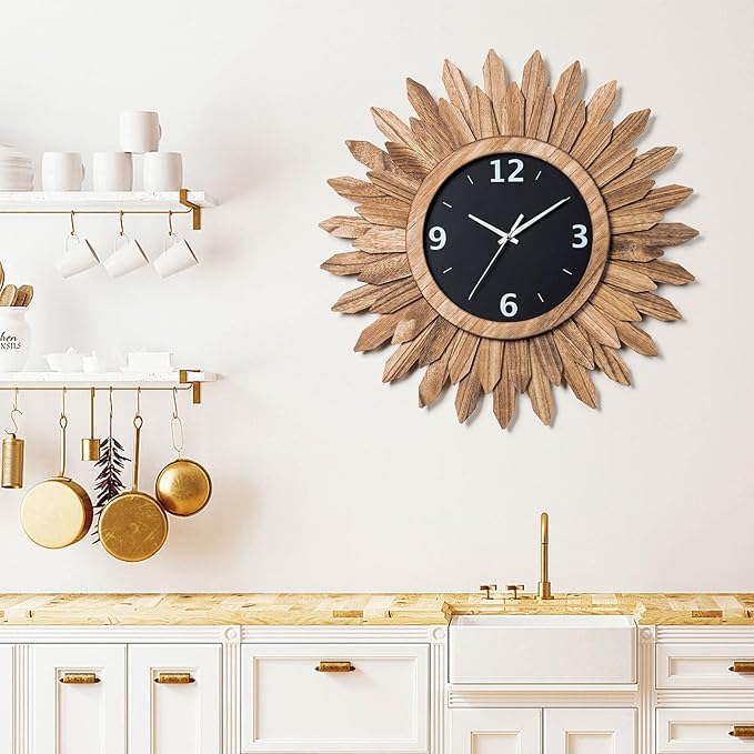 Honiway Large Wall Clock Battery Operated 21 in Rustic Wood Boho Sunburst Decorative Wall Clock Silent Non Ticking Farmhouse Wall Clocks for Living Room Bedroom Kitchen Bathroom Decor (Rustic Brown)-Ruum Studio Home