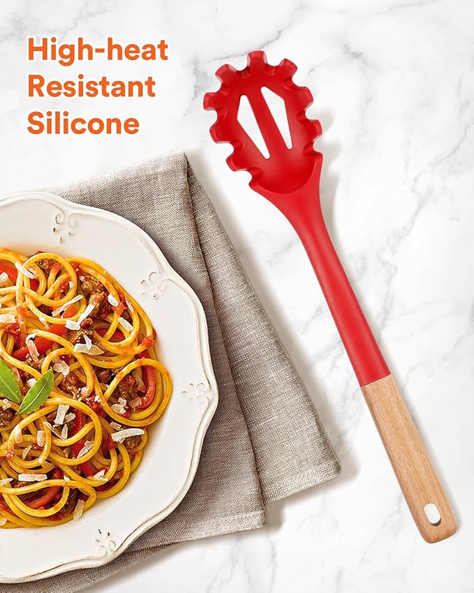 Silicone Pasta Fork, Kitchen Heat Resistant Noodle Spoon Server, BPA Free Spaghetti Strainer,12.8 inch (RED)-Ruum Studio Home