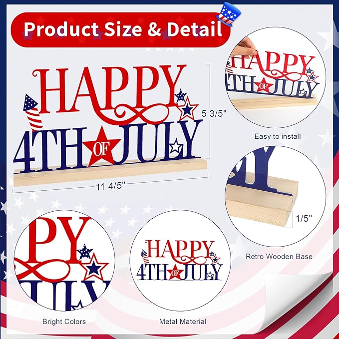 COCHIE Metal Happy 4th of July Sign, Red Blue and White Decorations for Home, Office, Shelf, Mantel, Indoor, Fouth of July Decoration, Patriotic Star Decor (Independence Day)-Ruum Studio Home