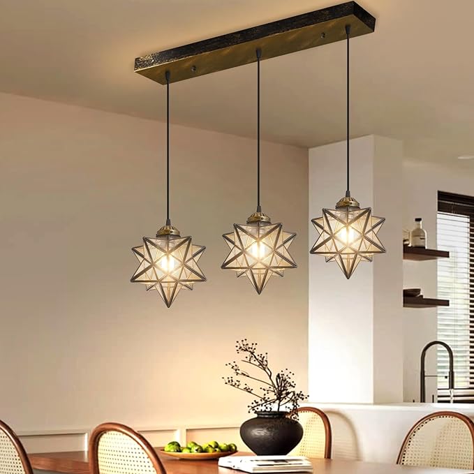 Glam Chandelier 3 Lights Glass Star Pendant Lights for Dining Table Kitchen Island Modern Ceiling Hanging Lights Included LED Warm Light Bulbs Oiled Bronze-Ruum Studio Home