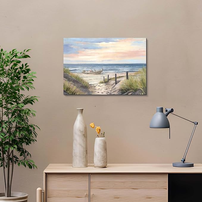 cozy country Ocean Wall Art 16"x11" - Coastal Pictures Beach Canvas Decor - Seashore Artwork Seascape Painting for Bathroom, Bedroom, Sea House-Ruum Studio Home