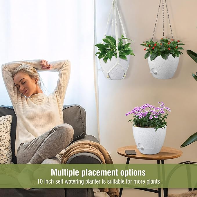 10 inch Self Watering Hanging Planters, 2 Pack Hanging Baskets for Indoor Outdoor Plants, Hanging Flower Pots with Drainage Holes and 2 Kinds of Plant Hangers for Garden Decor, Speckled White-Ruum Studio Home