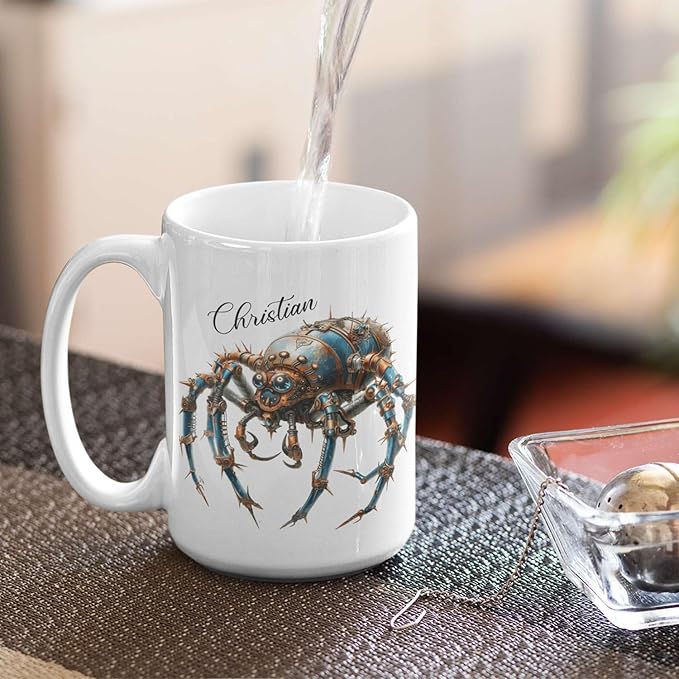 Personalized Steampunk Insect Mug, Customizable Name Mechanical Character Coffee Cup 11oz, Unique Cyberpunk Design Ceramic Mug, Customized White Cup Gift For Sci-Fi Enthusiasts-Ruum Studio Home