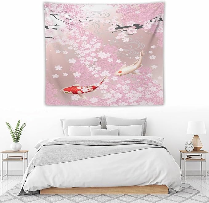 Houselerax Japanese Koi Fish Tapestry, Cherry Blossoms Asian Oriental Pink Flower Branch Koi Fish Carp Tapestries Wall Hanging for Bedroom Living Room Office Decor 60"x50"-Ruum Studio Home